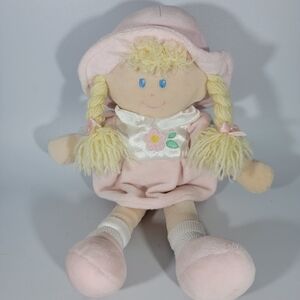 Kids Preferred Pink Plush Doll Lovey Soft Toy Blonde Yarn Hair Braids Blue Eyes